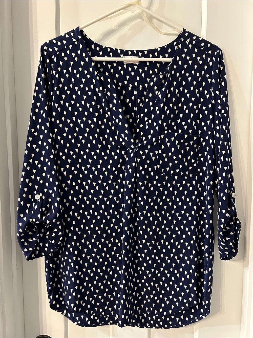Pixley Navy Blue Printed V-Neck Roll-Tab Blouse